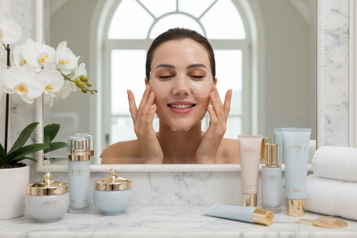 je veux une image d'une femme heureuse entrain de mettre un masque collagene faut que le masque se voit sur son visage avec des produits de skin care avec le nom de ma marque ASTRA PARIS BEAUTY 