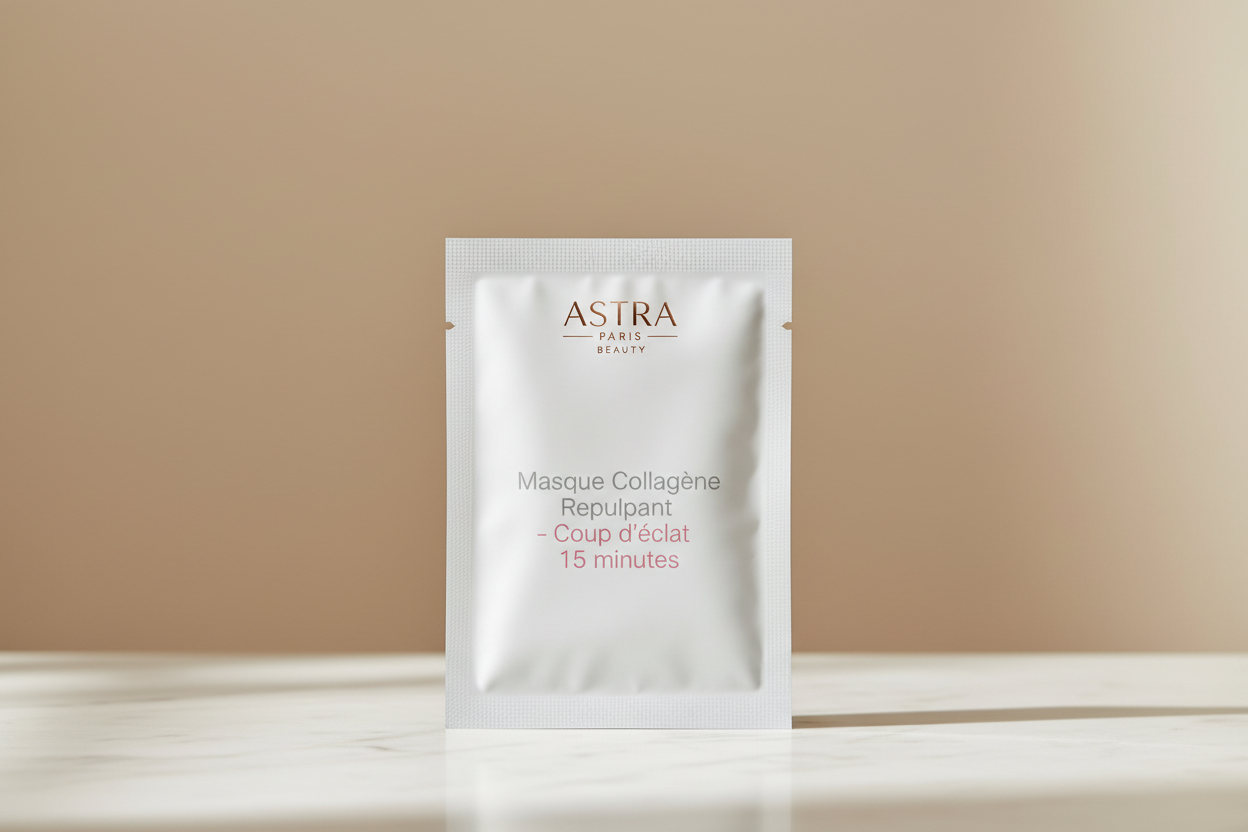 Packshot produit très professionnel d’un sachet de masque visage en tissu, posé debout sur une surface en marbre clair. Design minimaliste et élégant dans des tons blanc et rose poudré, avec le logo “Astra Paris Beauty” en haut et le nom “Masque Collagène Repulpant – Coup d’éclat 15 minutes” au centre. Fond flou beige très doux, lumière naturelle, ombres légères, style photo e-commerce premium pour site de soin de la peau.