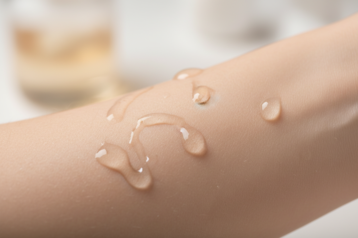 Photo macro professionnelle montrant la texture du sérum à l’acide hyaluronique : quelques gouttes translucides et brillantes étalées sur le dos d’une main ou sur la peau de l’avant-bras. Peau bien hydratée et lisse, lumière douce qui met en valeur l’éclat et la transparence du sérum, fond flou beige ou blanc, style skincare clinique mais chaleureux, sans texte ni logo ajouté dans l’image.