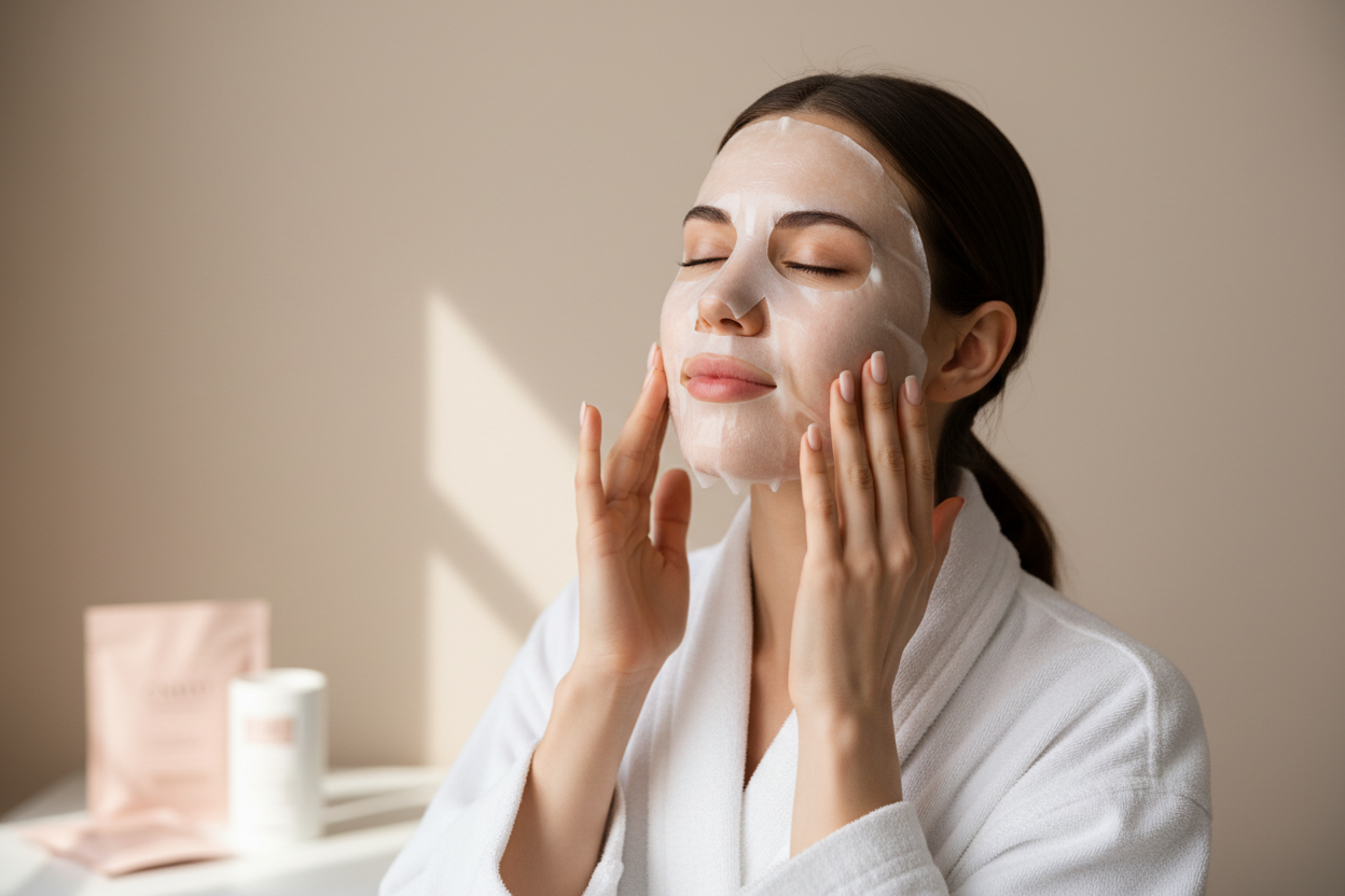 Photo portrait professionnelle d’une jeune femme avec une peau nette et lumineuse, en peignoir blanc, en train d’appliquer un masque visage en tissu collagène. Elle ajuste le masque avec ses mains sur ses joues, les yeux fermés, expression détendue. Fond uni beige clair, lumière naturelle douce, style campagne beauté skincare minimaliste, couleurs neutres et rose poudré, qualité photo de marque de cosmétique haut de gamme.