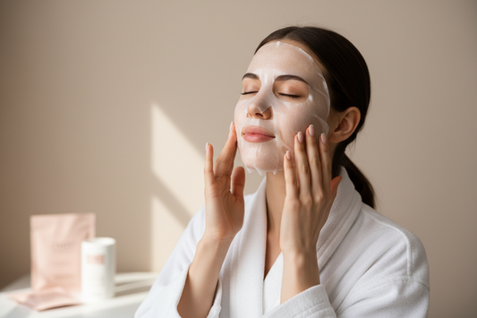 Photo portrait professionnelle d’une jeune femme avec une peau nette et lumineuse, en peignoir blanc, en train d’appliquer un masque visage en tissu collagène. Elle ajuste le masque avec ses mains sur ses joues, les yeux fermés, expression détendue. Fond uni beige clair, lumière naturelle douce, style campagne beauté skincare minimaliste, couleurs neutres et rose poudré, qualité photo de marque de cosmétique haut de gamme.