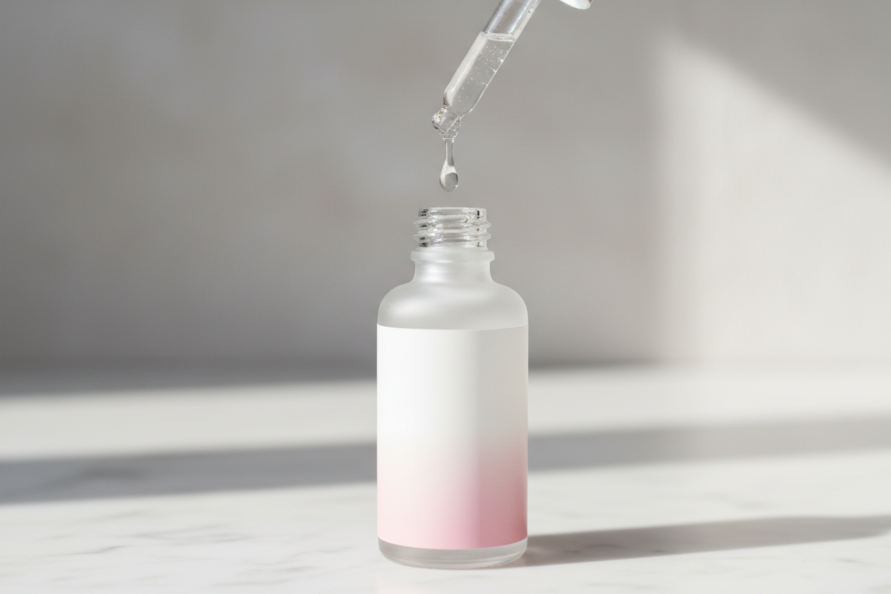 Photo professionnelle en gros plan d’un flacon pipette de sérum à l’acide hyaluronique, étiquette blanche et rose poudré, posé sur une surface en marbre blanc. La pipette est sortie du flacon, avec quelques gouttes de sérum translucide en train de tomber. Lumière douce, reflets subtils sur le verre, ambiance skincare luxueuse, couleurs neutres et rosées, sans aucun texte ni watermark sur l’image.