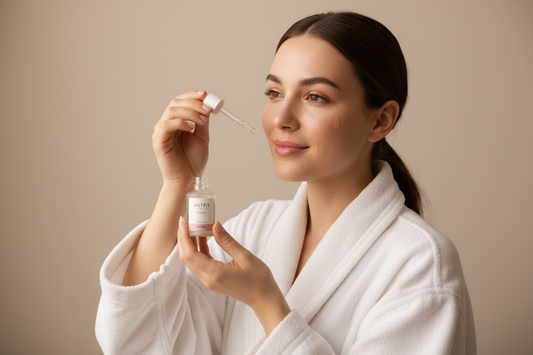 Portrait professionnel d’une jeune femme avec une peau nette et lumineuse, en peignoir blanc, en train d’appliquer un sérum visage à l’aide d’une pipette sur sa joue. Le flacon “Astra Paris Beauty” est visible dans sa main, étiquette blanche et rose poudré. Fond uni beige clair, lumière naturelle très douce, ambiance routine beauté du soir, expression détendue, style campagne de marque de cosmétique haut de gamme, sans aucun texte ni slogan sur l’image. avec une femme en deux mains stp